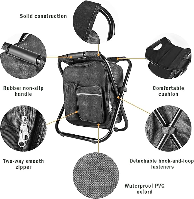 Kikerike Backpack Stool Cooler Chair Heavy Duty 300 LBS Max Load Portable Lightweight Folding Fishing Cooler for Camping Hunting Fishing - Black