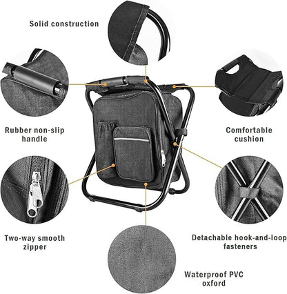 Kikerike Backpack Stool Cooler Chair Heavy Duty 300 LBS Max Load Portable Lightweight Folding Fishing Cooler for Camping Hunting Fishing - Black