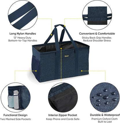 BALEINE Extra Large Utility Tote Bag with Reinforced Wire Frame, Reusable Grocery Bag for Shopping, Picnic (Blue, 22''x12''x10'')