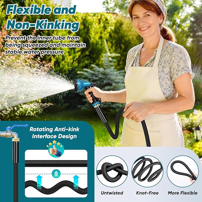 Garden Hose 75FT Non-Expanding, Lightweight Hose With 10-Function Nozzle, Leak-Proof, No-Knot, Easy to Carry, Wear-Resistant, Sturdy 3/4GHT Flexible Water Hose for Yard Garden Outdoor
