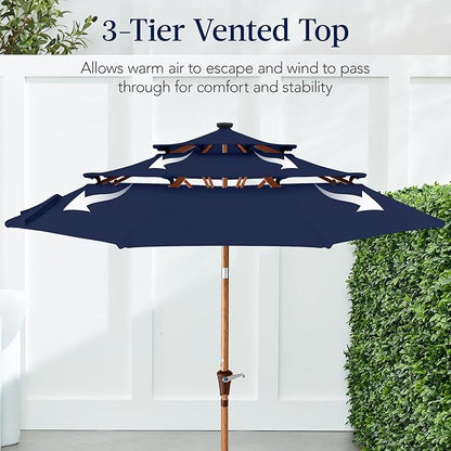Best Choice Products 10ft 3-Tier Solar Patio Market Umbrella, Outdoor Sun Shade for Backyard, Deck, Poolside, Table w/Woodgrain Pattern, LED Lights, Tilt Adjustment - Navy Blue