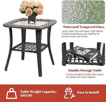 5 Piece Outdoor Patio Furniture Set,Wicker Patio Conversation Set with Swivel Glider Chairs,Wicker Rocking Swivel Chairs Set with Ottomans/Side Coffee Table for Backyard,Deck,Balcony,Red