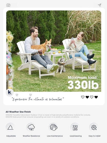 KINGYES Folding Adjustable Adirondack Chair with Ottoman & 2 Cup Holders, HDEP Multifunctional Adirondack Chair with Footrest, White