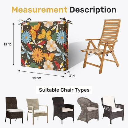UNIKOME Outdoor Chair Cushions Pack of 4, Water Resistant Patio Cushions with Ties, High Density Sponge Filling Square Corner Seat Cushions for Outdoor Furniture, 19"*19"*3", Flower