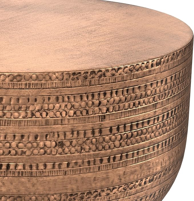 SIMPLIHOME Johnsen Metal Coffee Table - 30 inch Wide Solid Metal Round Drum Accent Table in Antique Copper, Boho Coffee Table for Living Room or Bedroom with Textured Design, Assembled