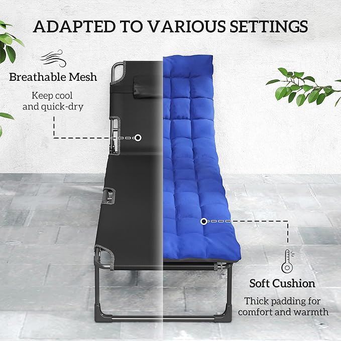 Outsunny Chaise Lounge Chair Outdoor, 5-Position Reclining Pool Lounge Chair with Cushion, Side Pocket, Headrest, Folding Lounger Tanning Chair Camping Cot for Patio, Beach, Dark Gray/Blue
