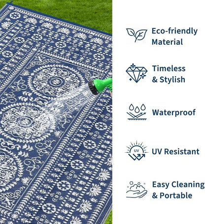 Garvee Reversible Outdoor Rug 6x9 for Patio, Waterproof Outdoor Area Rug, Modern Medallion Indoor Outdoor Rugs, Plastic Straw Rug for RV, Camping, Deck, Vintage Navy