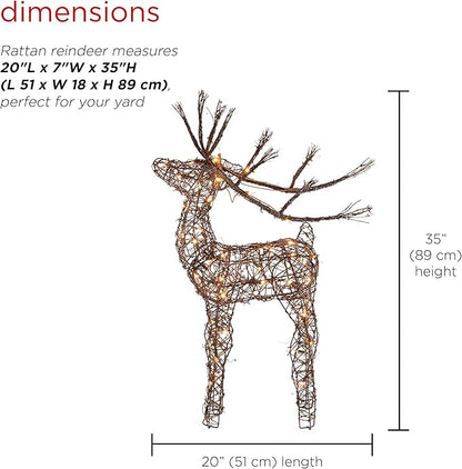 Alpine Corporation 35" Tall Outdoor Lighted Rattan Reindeer Christmas Yard Decoration with 60 Warm White LED Lights for Lawn Display, Brown