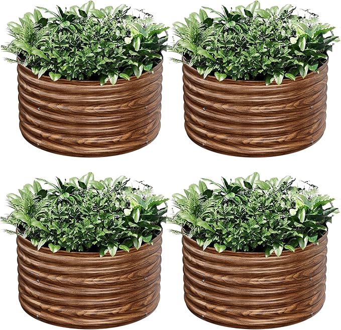 4 Pack Brown 2x2FT Round Corrugated Galvanized Steel Raised Garden Bed Outdoor, Metal Above Ground Garden Bed for Vegetables and Flowers, Raised Beds for Gardening-2x2FTx10Inch