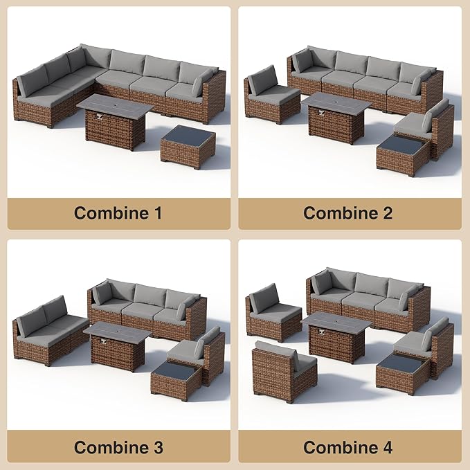 8 Pieces Outdoor Patio Furniture Set with 44.9" Fire Pit Table, All-Weather Wicker Outdoor Patio Sectional Set with Coffee Table, for Garden Backyard