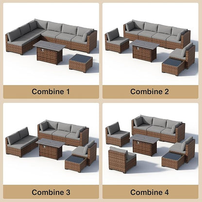8 Pieces Outdoor Patio Furniture Set with 44.9" Fire Pit Table, All-Weather Wicker Outdoor Patio Sectional Set with Coffee Table, for Garden Backyard