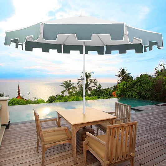 JONATHAN Y UMB1000D Baiona 9 ft. Classic MidCentury Market Patio Umbrella with UV Protection, Auto-Tilt, Crank and Wind Vent in White/Green