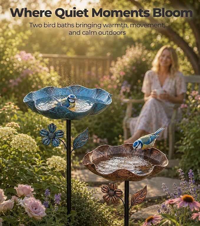 2PCS Metal Bird Bath for Outside, 11” Dia Freestanding Bird Bath Bowl, Upgraded 5 Pronged Base Birdbaths for Outdoors, Standing Bird Feeder Garden Patio Yard Lawn Decor