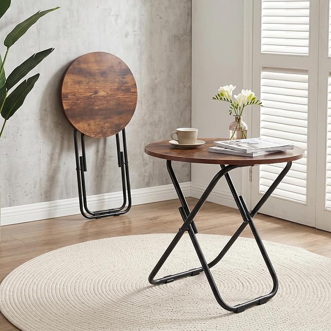 VECELO Patio Outdoor Side Table,17.7 inch Small Folding Table Round Waterproof Wood Table, Foldable Anti-Rust Metal Legs Snack Desk for Garden Balcony,Yard,Living Room