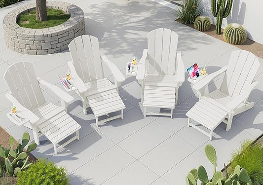 KINGYES Adjustable Folding Adirondack Chair with Footrest & 4-in-1 Multi-Functional Armrest Organizer Set of 4, HDPE Foldable Reclining Adirondack Chair with Pull-Out Ottoman, White