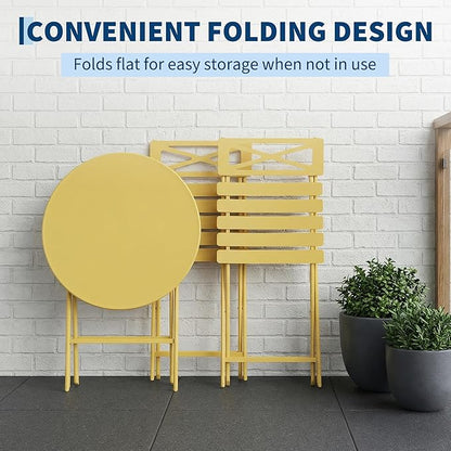 Outdoor Round Bistro Set 3 Piece, Yellow Iron Patio Furniture Set with Round Table & 2 Chairs, Foldable Steel Backyard Deck Porch Garden Furniture, Space Saving Outdoor Dining Set for Small Spaces