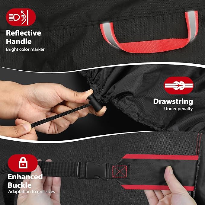 TOPCROWN Grill Cover for Outdoor Grill, BBQ Gas Grill Waterproof Anti-UV Oxford Fabric Windproof Design with Adjustable Straps, Fits Weber/Char-Broil/Nexgrill and More (420D Black+Red, 68" - 75")
