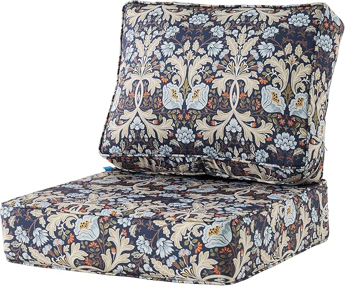 ARTPLAN 24x24 Deep Seat Patio Cushions for Outdoor Furniture,Extra 6 inch Thick,Back 18"x24",Removable,Replacement,Polyester Floral Pattern,Outdoor/Indoor,Stone Blue