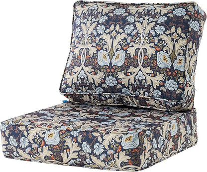 ARTPLAN 24x24 Deep Seat Patio Cushions for Outdoor Furniture,Extra 6 inch Thick,Back 18"x24",Removable,Replacement,Polyester Floral Pattern,Outdoor/Indoor,Stone Blue