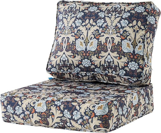ARTPLAN 24x24 Deep Seat Patio Cushions for Outdoor Furniture,Extra 6 inch Thick,Back 18"x24",Removable,Replacement,Polyester Floral Pattern,Outdoor/Indoor,Stone Blue