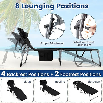 COSTWAY Tanning Chair with Face Hole, Folding Beach Lounge Chair | 4-Position Adjustable Backrest, Pillow & Side Pocket for Sunbathing, Camping (1, Black)
