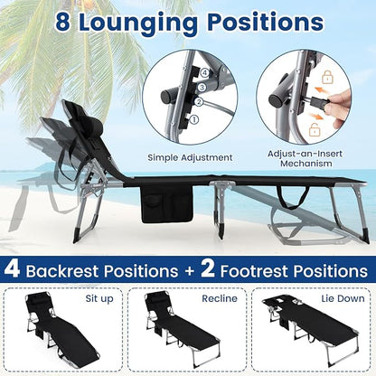 Goplus Tanning Chair, Folding Adjustable Patio Lounge Chair with Face Hole, Removable Pillow, 330LBS, Carry Strap, Outdoor Sunbathing Chair, Lightweight Portable Beach Lounge Chair, No Assembly