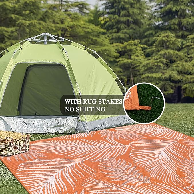 Pauwer Waterproof Outdoor Rug 8x10, Reversible Plastic Straw Patio Camping Rug, Indoor Outdoor RV Mat Carpet for Deck, Camper, Porch, Balcony, Backyard, Picnic, Leaf Orange