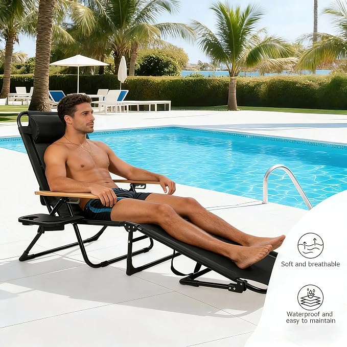 Foldable Chaise Lounge Chair Outdoor, Tanning Chair with 4-Position Reclining Back, Folding Sun Lounger, Outdoor Lounge Chair for Beach, Poolside, Backyard, Camping, UPF 50+, 300 LBS
