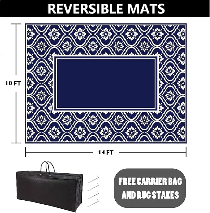 HUGEAR Patio Rug 10'x14' Waterproof Outside Area Rugs Reversible Blue Outdoor Plastic Straw Carpet for RV Deck Camping Entryance Porch Picnic Balcony Beach