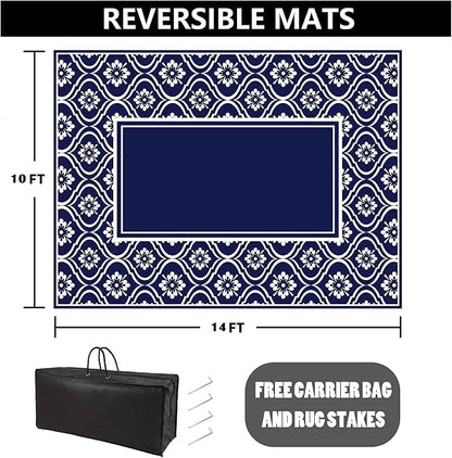 HUGEAR Patio Rug 10'x14' Waterproof Outside Area Rugs Reversible Blue Outdoor Plastic Straw Carpet for RV Deck Camping Entryance Porch Picnic Balcony Beach