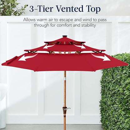 Best Choice Products 10ft 3-Tier Solar Patio Market Umbrella, Outdoor Sun Shade for Backyard, Deck, Poolside, Table w/Woodgrain Pattern, LED Lights, Tilt Adjustment - Red