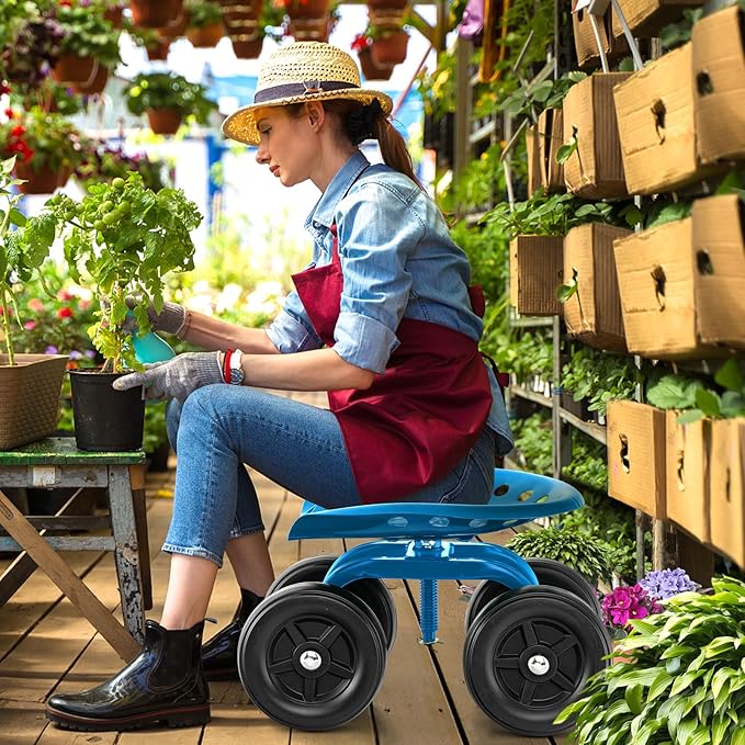 Giantex Garden Cart, Rolling Workseat with 4 Wheels, Garden Stool 360° Swivel Work Seat & Adjustable Height, Heavy Duty Wagon Scooter for Gardening for Patio Garden, Lawn, Yard (Blue)