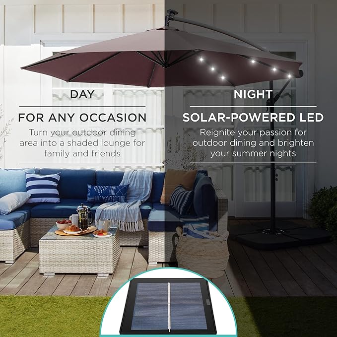 Best Choice Products 10ft Solar LED Offset Hanging Market Patio Umbrella for Backyard, Poolside, Lawn and Garden w/Easy Tilt Adjustment, Polyester Shade, 8 Ribs - Deep Taupe