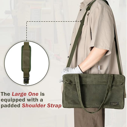 Tool Tote Bag, 16OZ Waxed Canvas Tool Bag with 7-Pocket & Shoulder Strap - for Electrician Contractor Repairman, Multi-Purpose Garden Tools Carrier with Portable Handle, Army Green