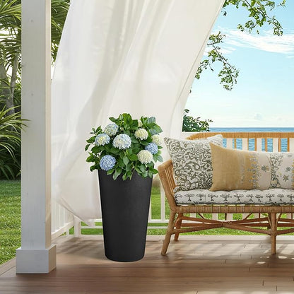 24" Resin Planters Set of 2 Outdoor Large Plant Pot Tall Flower Pots for Indoor Plants Garden Pot w/Drainage Hole Obsidian Leather Planter for Porch, Patio, Deck Living Room Home Decor
