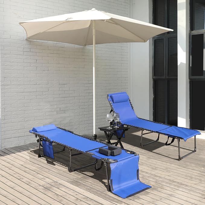 MUPATER Patio Chaise Lounge Chair with Face Hole for Outdoor, 4-Fold Ajustbale Backrest, Removable Pillow and Detachable Pocket, Portable Sun Lounger Recliner for Beach, Camping and Pool, Blue