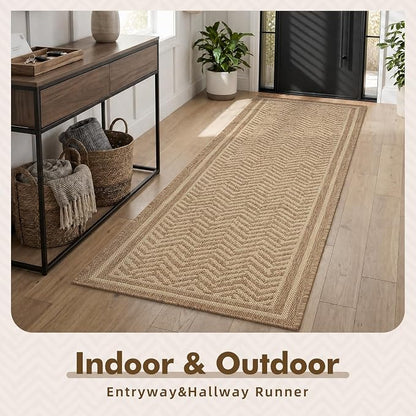 MontVoo-2x6 ft Indoor Outdoor Runner Rugs for Entryway Porch Hallway Kitchen Door Entrance Long, Textured Weave Polypropylene, Durable for High Traffic, Fade-Resistant, Boho Geometric Neutral Brown