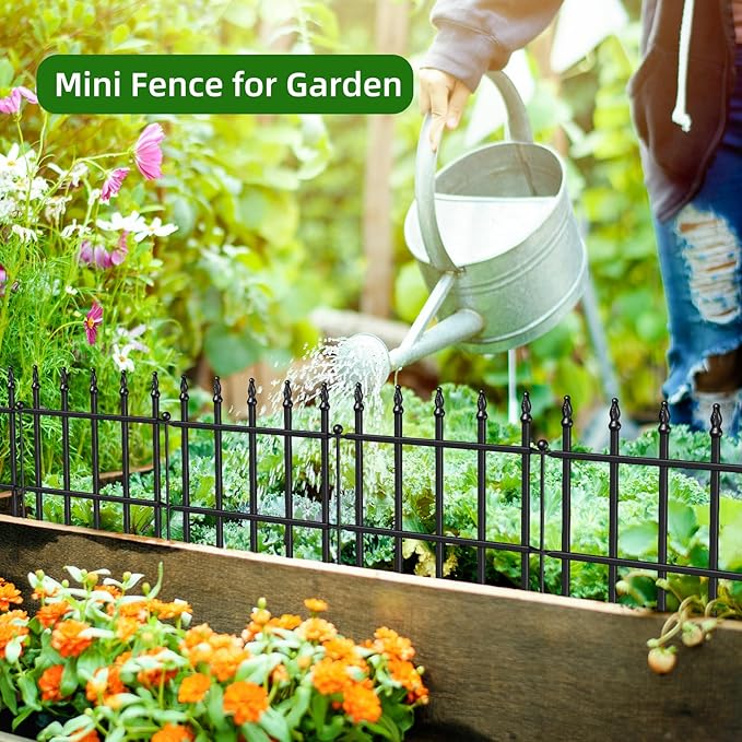 Decorative Metal Garden Fence 11in H x 6ft L, Small Border Fence Roman Column Deco, Garden Fencing for Flower Bed Lawn Landscape Outdoor, 5 Panels + 6 Stakes Black