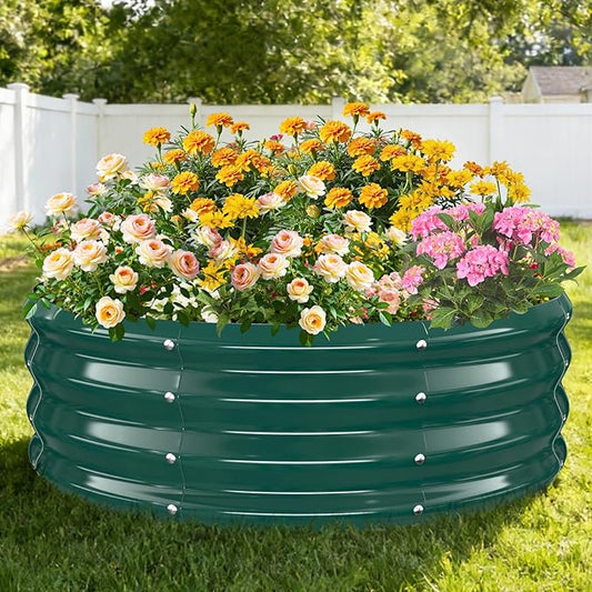12 Inch Tall Heavy-Duty Round Steel Rised Garden Bed – Wave-Shaped Design Galvanized Metal Planter Box for Vegetables Flowers Succulent at Patio/Garden Outdoor (Green, 36" Diameter)
