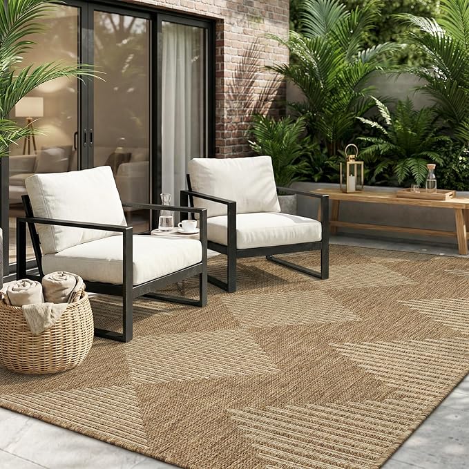 MontVoo-3x5 Outdoor Rug Porch Entryway Rug-Polypropylene Indoor Outdoor Rugs for Entryway Kitchen Balcony Patio, Textured Weave, Durable, Fade-Resistant, Non-Shedding, Boho Geometric Neutral Brown