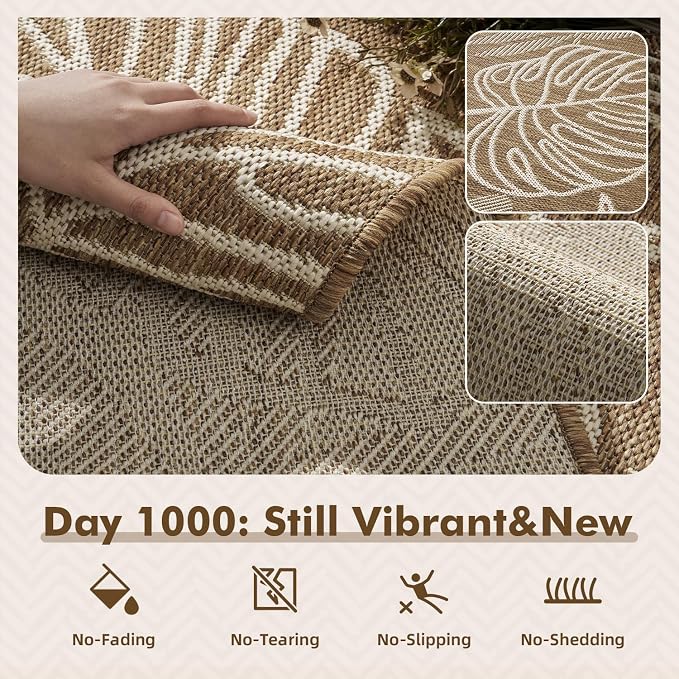 MontVoo-Outdoor Rug-Patio Rug 8x10 ft Polypropylene Indoor Outdoor Rugs Outdoor Carpet for Patio Deck Balcony Porch, Textured Weave, Durable for High Traffic, Fade-Resistant, Tropical Neutral Brown
