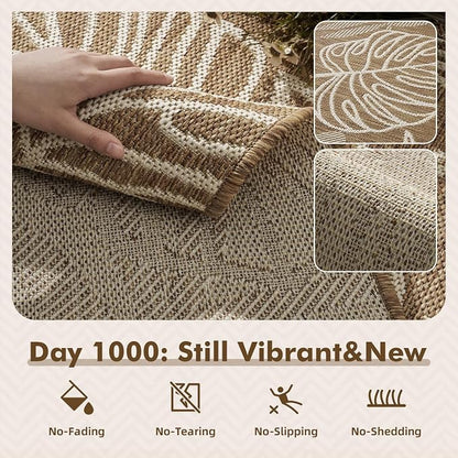 MontVoo-Outdoor Rug-Patio Rug 8x10 ft Polypropylene Indoor Outdoor Rugs Outdoor Carpet for Patio Deck Balcony Porch, Textured Weave, Durable for High Traffic, Fade-Resistant, Tropical Neutral Brown