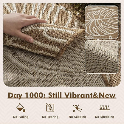 MontVoo-Outdoor Rug-Patio Rug 5x7 ft Polypropylene Indoor Outdoor Rugs Outdoor Carpet for Patio Deck Balcony Porch, Textured Weave, Durable for High Traffic, Fade-Resistant, Tropical Neutral Brown