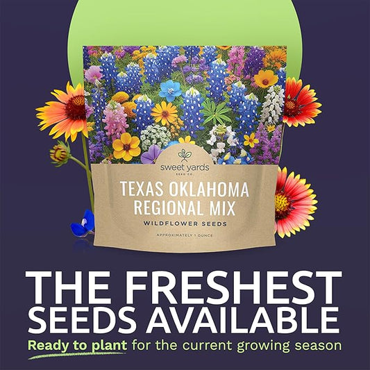 Texas Oklahoma Wildflower Seeds Mixture - Bulk 1 Ounce Packet - Over 15,000 Native Seeds - Open Pollinated and Non GMO