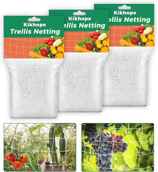 Kikhope Trellis Netting, 3 Packs 5 x 15 ft Heavy-Duty Polyester Plant Trellis Netting Mesh, Square Mesh Net for Climbing Plant, Fruits, Vegetables, Vines, Grow Tents, White