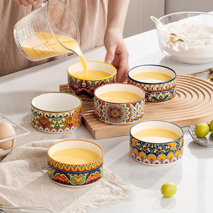 Henten Home Ceramic Ramekins Set Oven Safe, Colorful Cake Ramekins Set of 6, Boho Baking Cups for Pudding, Souffle, Ice Cream, Snack, Creme Brulee (8 oz)