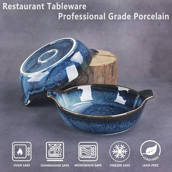 Ceramics Au Gratin baking Dishes Set of 2, Baking Tray Bake ware, 34 oz Ramekins, for Pie Pan, Appetizer, Tart, Dessert, Quiche, Oven Small dish, individual dishes, Deep Round 9.6 Inch