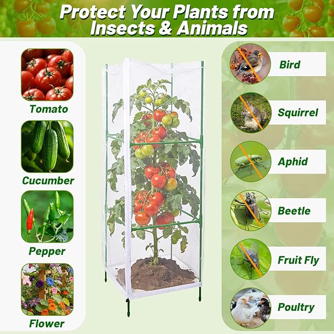 3 Pcs Garden Bird Netting Plant Cover for Square Tomato Cage, 55"×19.7" Garden Bird Insect Netting with Zipper & Drawstring Netting for Vertical Climbing Plants,Vegetable and Flower (No Cage)