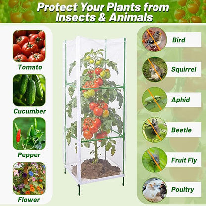 3 Pcs Garden Bird Netting Plant Cover for Square Tomato Cage, 55"×19.7" Garden Bird Insect Netting with Zipper & Drawstring Netting for Vertical Climbing Plants,Vegetable and Flower (No Cage)