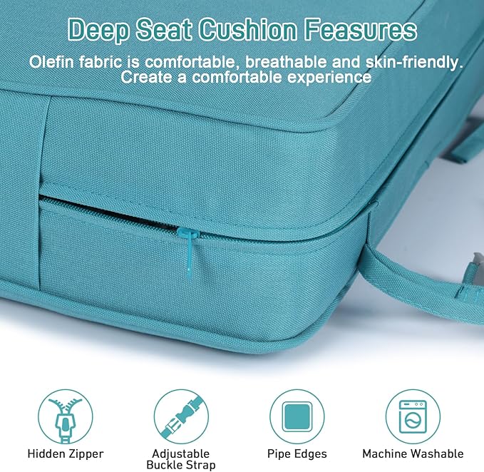 Aoodor Outdoor Chair Cushion, 23 x 26 Inch Water-Resistant, Fade-Resistant Olefin Fabric Patio Seat Cushions with Removable Cover and Adjustable Straps for Outdoor Furniture, Set of 2, Teal